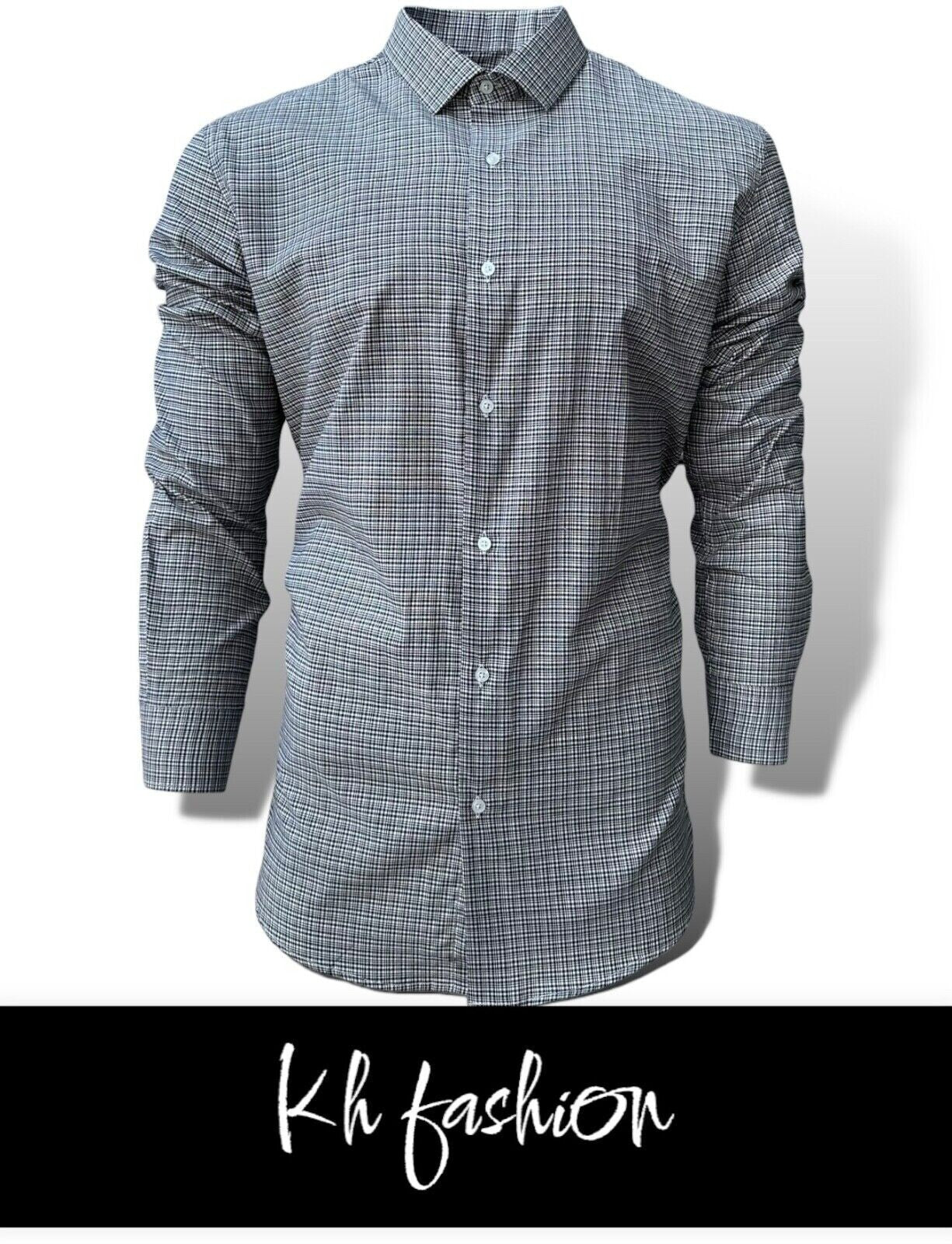 Mens Check Shirt Grey Classic Long Sleeve Work Casual Outdoor PolyCotton Shirt