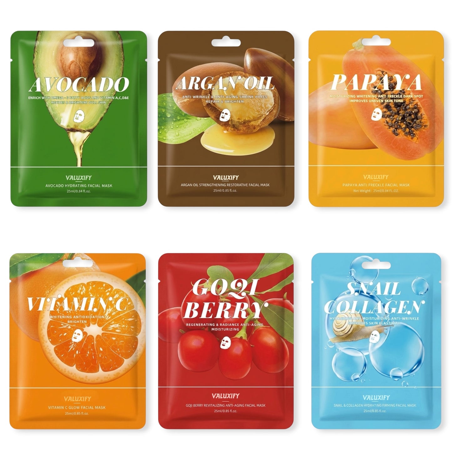 6 FACE SHEET MASK PACK HYDRATING ASSORTED SPA SKINCARE MULTIPLE PACK ARGAN BERRY