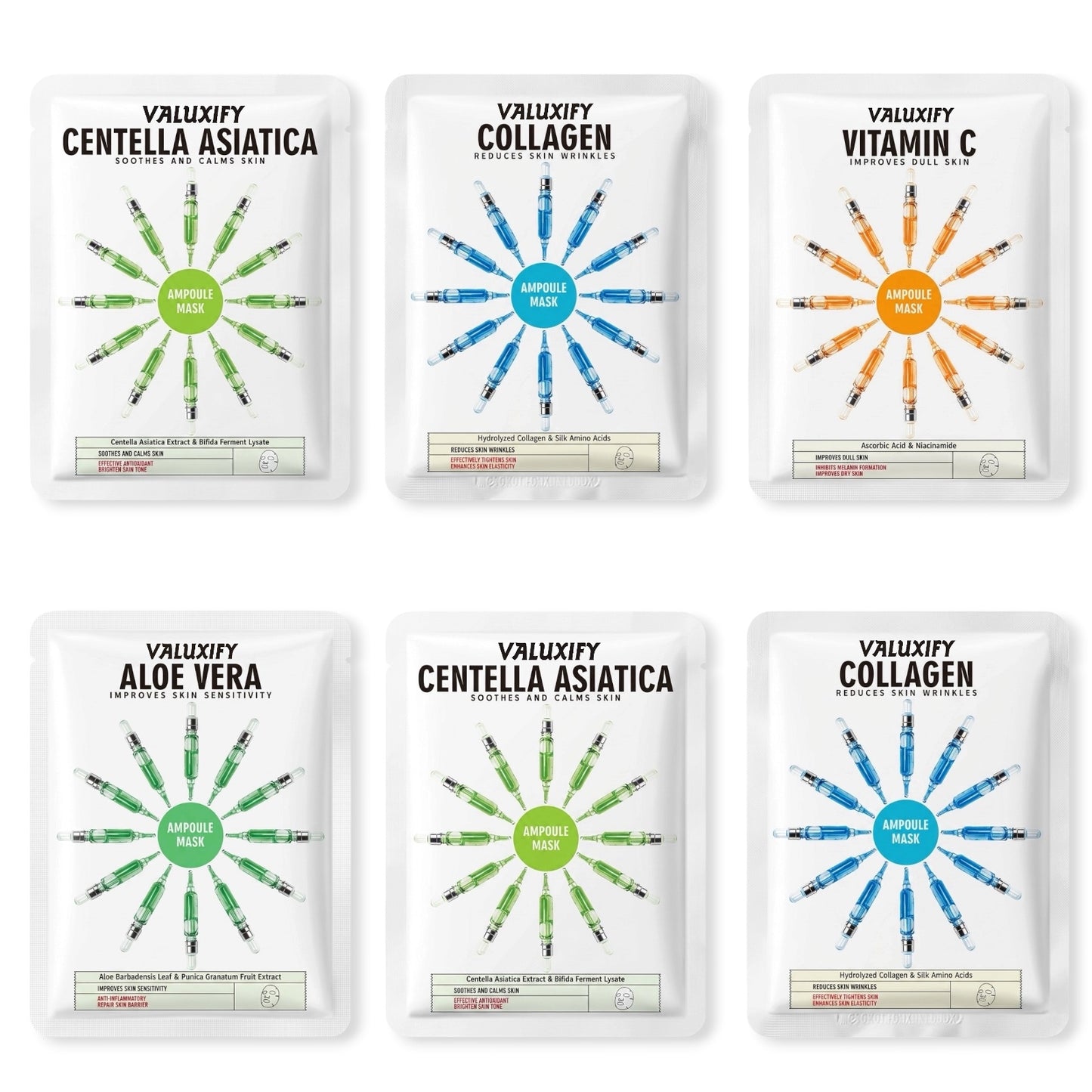 6 Moisturising Hydrating Face Mask Sheet Facial Mask Multi Pack Aloevera Collage