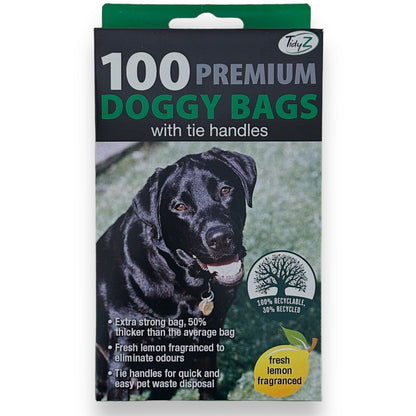 Tidzy Package of 100 premium doggy bags with a black dog on the label.