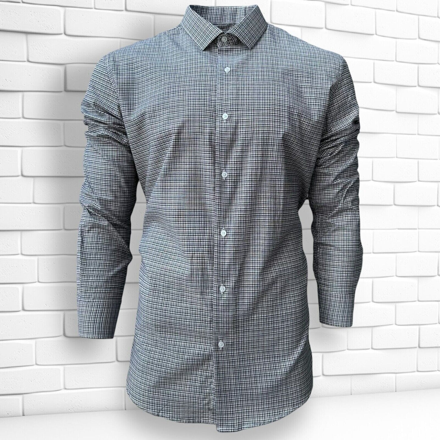 Mens Check Shirt Grey Classic Long Sleeve Work Casual Outdoor PolyCotton Shirt