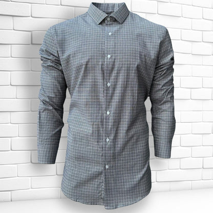 Mens Check Shirt Grey Classic Long Sleeve Work Casual Outdoor PolyCotton Shirt