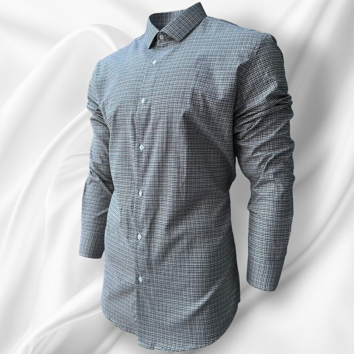 Mens Check Shirt Grey Classic Long Sleeve Work Casual Outdoor PolyCotton Shirt