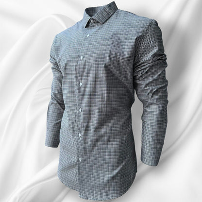 Mens Check Shirt Grey Classic Long Sleeve Work Casual Outdoor PolyCotton Shirt
