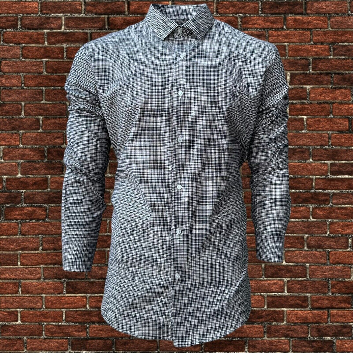 Mens Check Shirt Grey Classic Long Sleeve Work Casual Outdoor PolyCotton Shirt