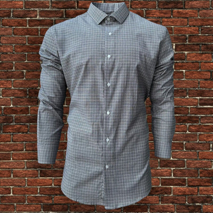 Mens Check Shirt Grey Classic Long Sleeve Work Casual Outdoor PolyCotton Shirt