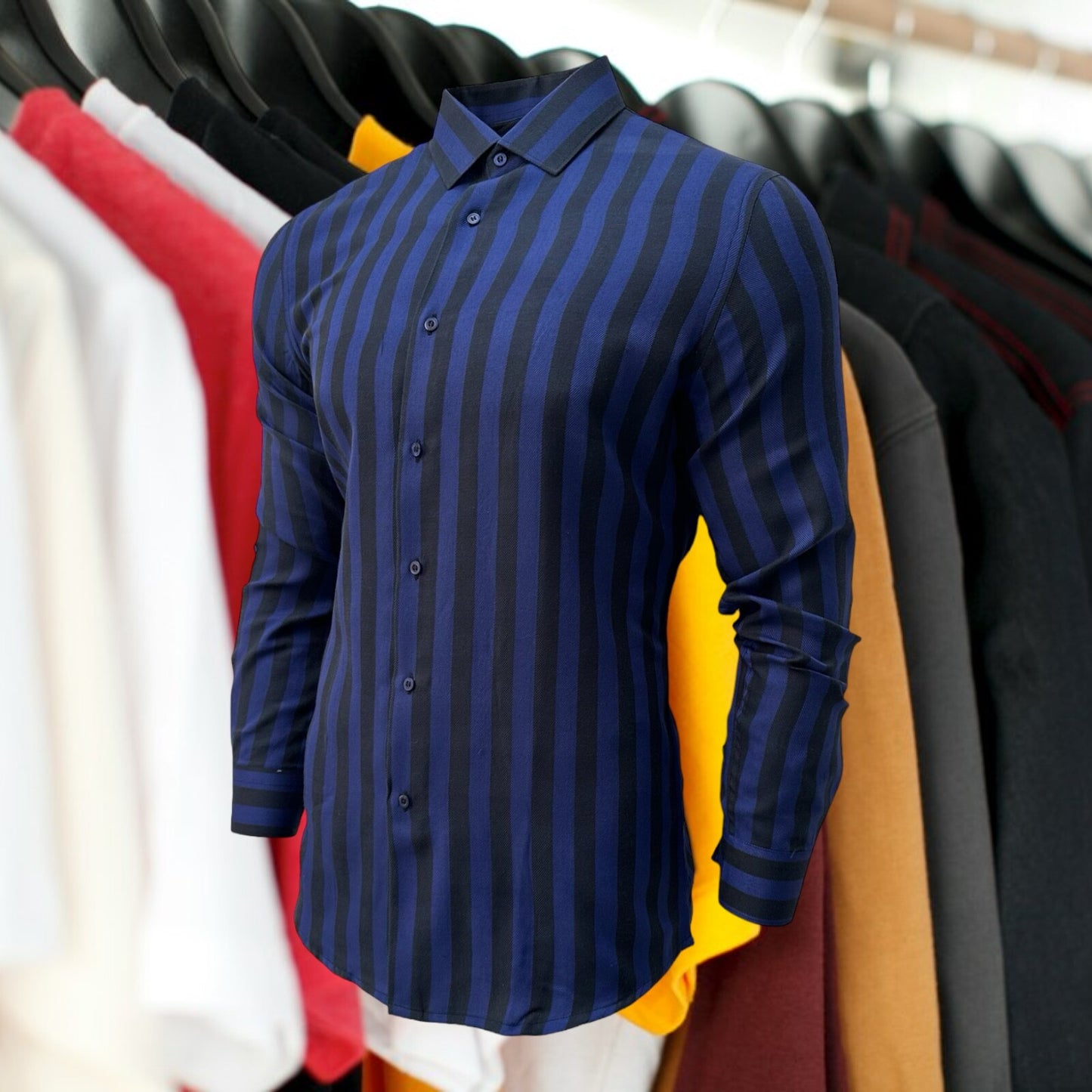 Blue Slim Fit Long Sleeve Shirt Striped Shirt Casual work office Wear Dark Blue