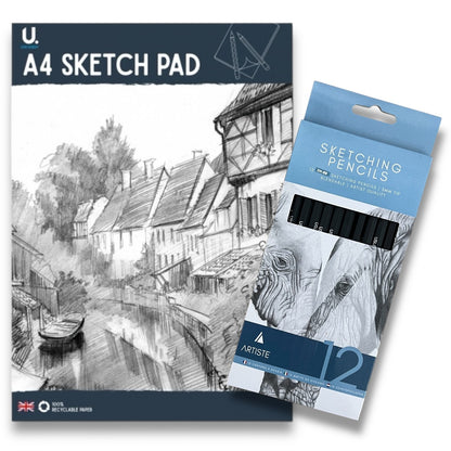 A4 Sketch Pad - White Paper Artist Craft Doodling Sketching With 12 Pencils