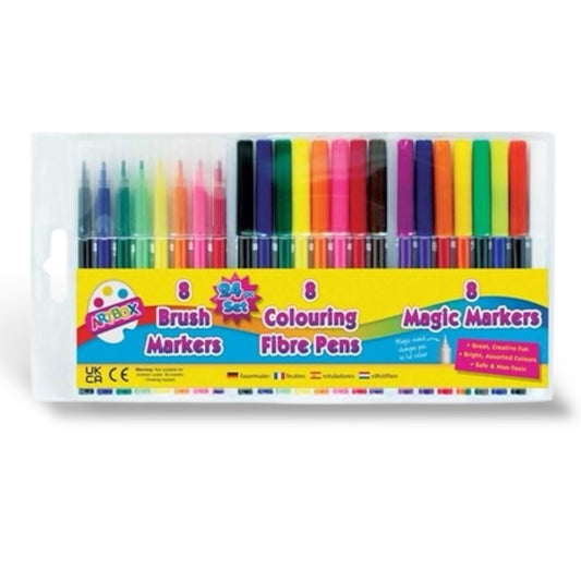 24 Fibre PEN SET 8 FIBRE | 8 BRUSH | 8 MAGIC MARKERS Art School Colour Kids