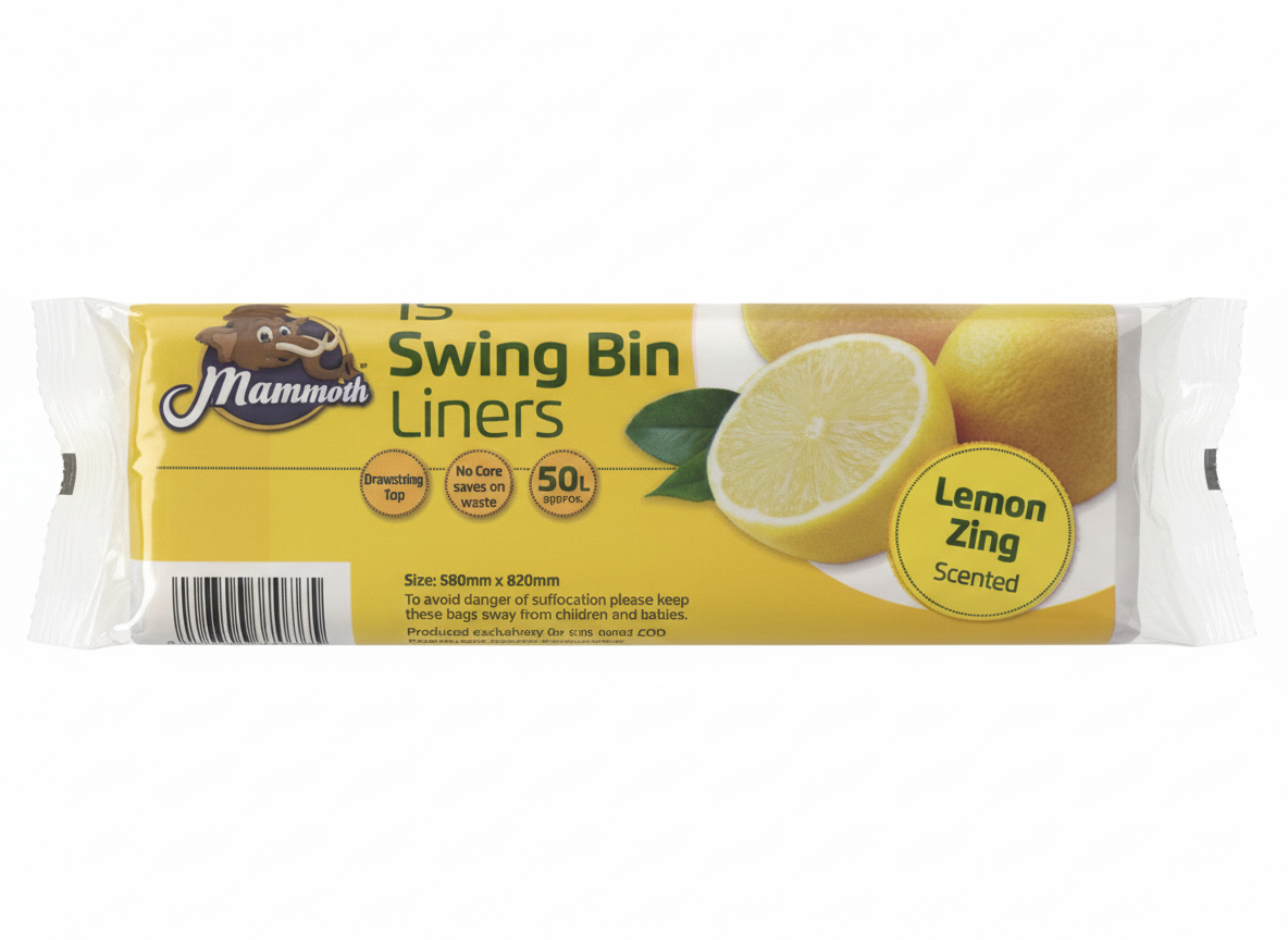Mammoth Lemon Bin Liners Drawstring 15L Small Kitchen Rubbish Bags Scented