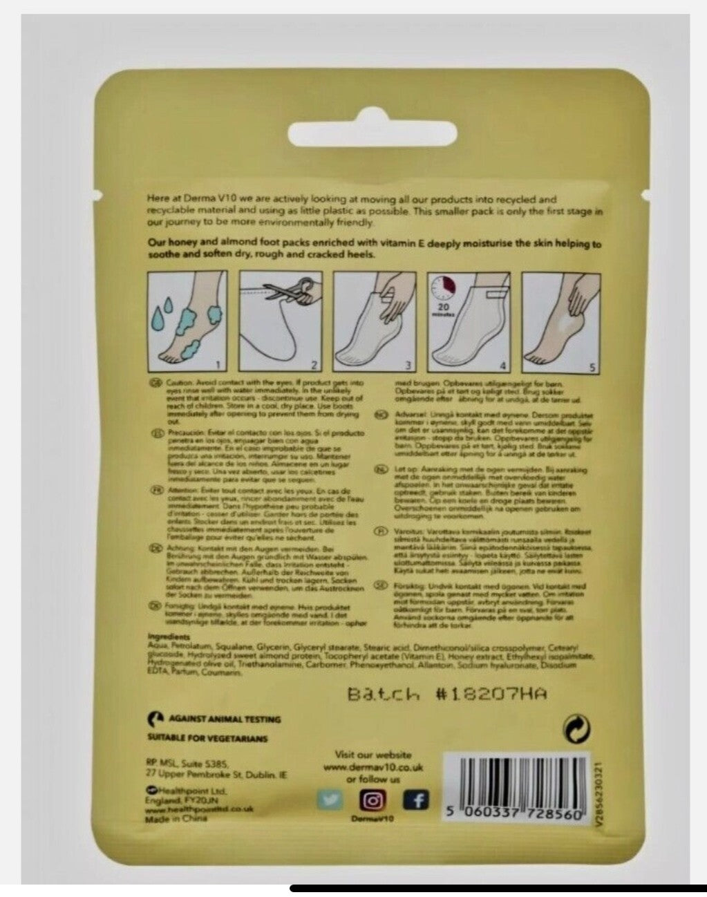 Honey & Almond Derma Foot Mask Socks Moisturising for Dry Rough Crocked Heels