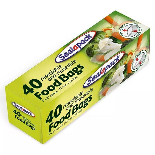 40 | FOOD BAGS | RESEALABLE | REUSEABLE | PLASTIC FRIDGE FREEZER  BAGS 7" x 8"