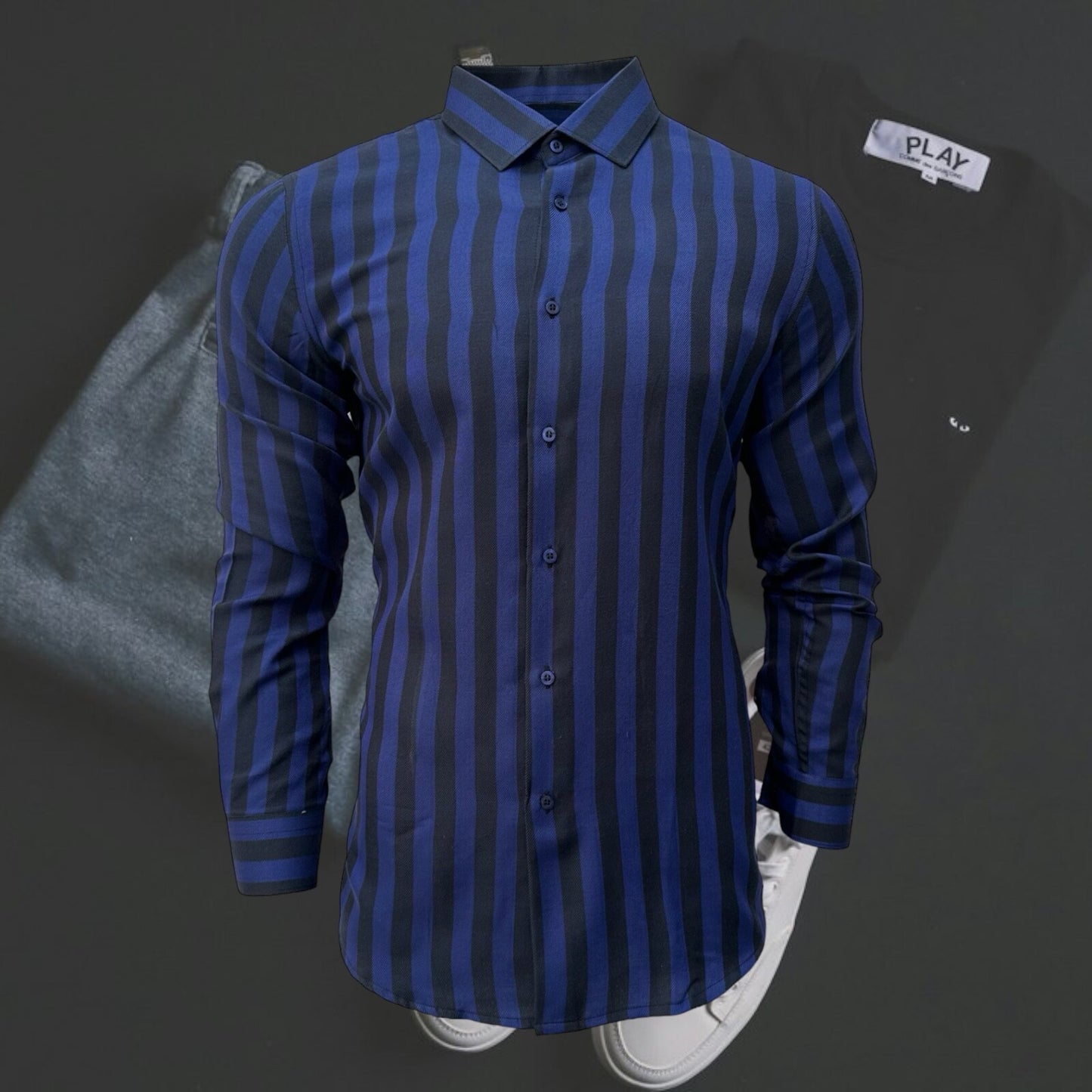 Blue Slim Fit Long Sleeve Shirt Striped Shirt Casual work office Wear Dark Blue