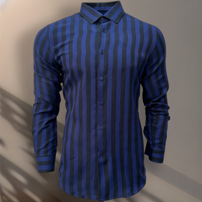 Blue Slim Fit Long Sleeve Shirt Striped Shirt Casual work office Wear Dark Blue