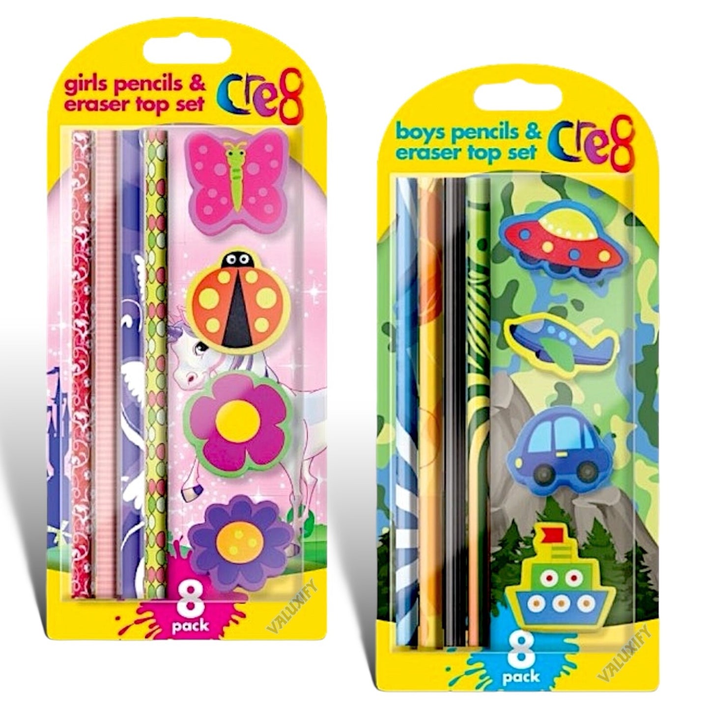 Kids Children's Pencil & Eraser Set - 8 Piece Set Back To School Girls Or Boys