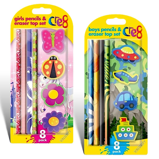 Kids Children's Pencil & Eraser Set - 8 Piece Set Back To School Girls Or Boys