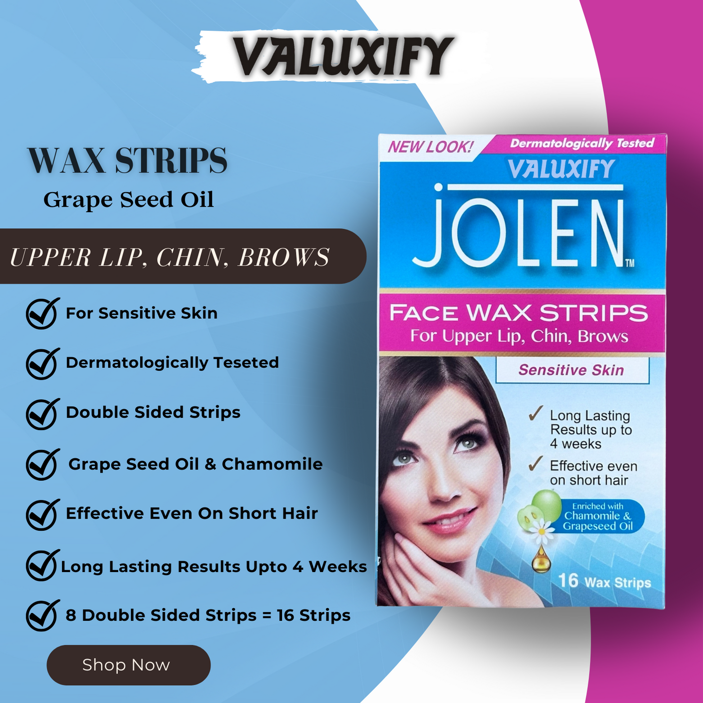 Jolen Face Facial Wax Strips Sensitive Skin Waxing Strips Face Wax Hair Removal