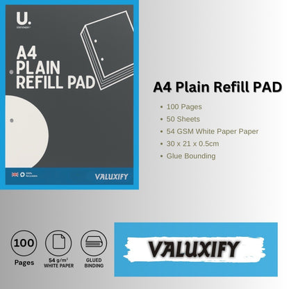 3x A4 Plain Refill Pads Paper | 100 Pages Each | 54gsm White Writing Paper