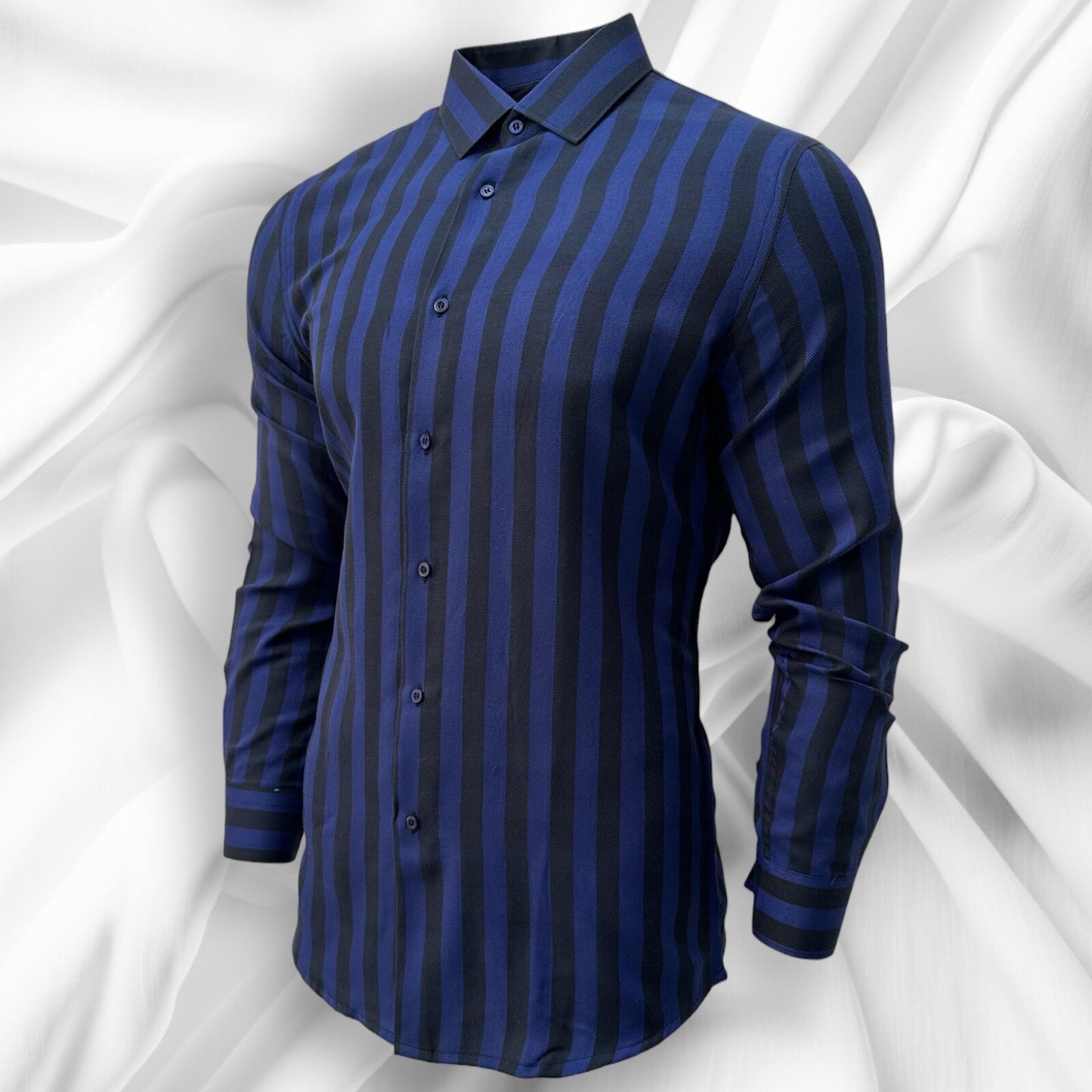 Blue Slim Fit Long Sleeve Shirt Striped Shirt Casual work office Wear Dark Blue