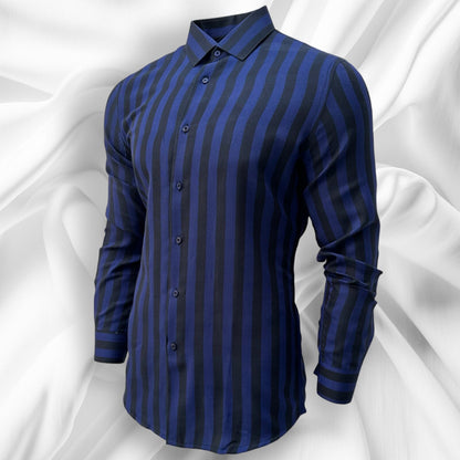 Blue Slim Fit Long Sleeve Shirt Striped Shirt Casual work office Wear Dark Blue