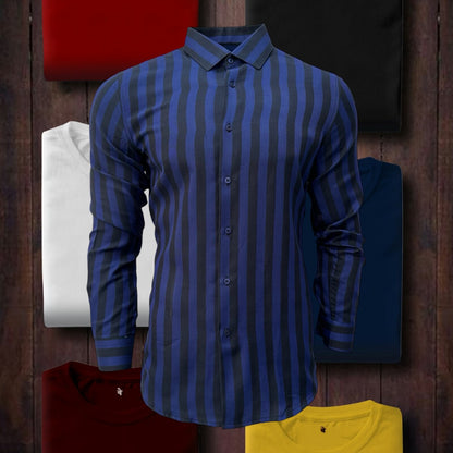Blue Slim Fit Long Sleeve Shirt Striped Shirt Casual work office Wear Dark Blue
