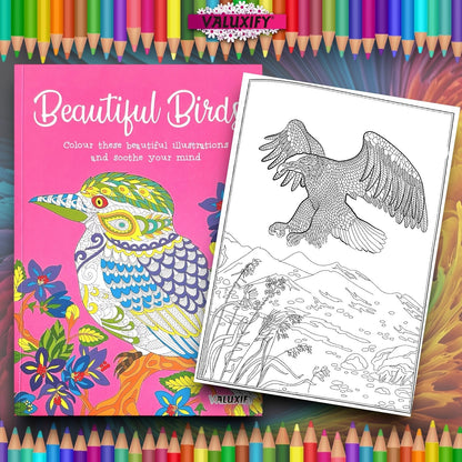 Adult Anti Stress Colouring Book Birds Colour Therapy Nature with 18 Pencils
