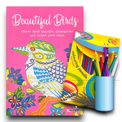 Adult Anti Stress Colouring Book Birds Colour Therapy Nature with 18 Pencils