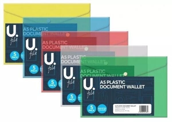 A5 Plastic Wallets Document Wallet Files Folders Filing School Office Home 5pk
