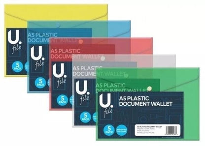 A5 Plastic Wallets Document Wallet Files Folders Filing School Office Home 5pk