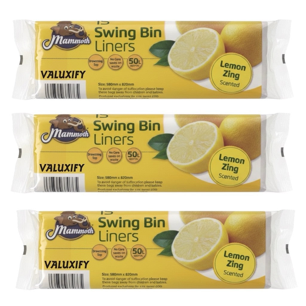 Mammoth Lemon Bin Liners Drawstring 15L Small Kitchen Rubbish Bags Scented