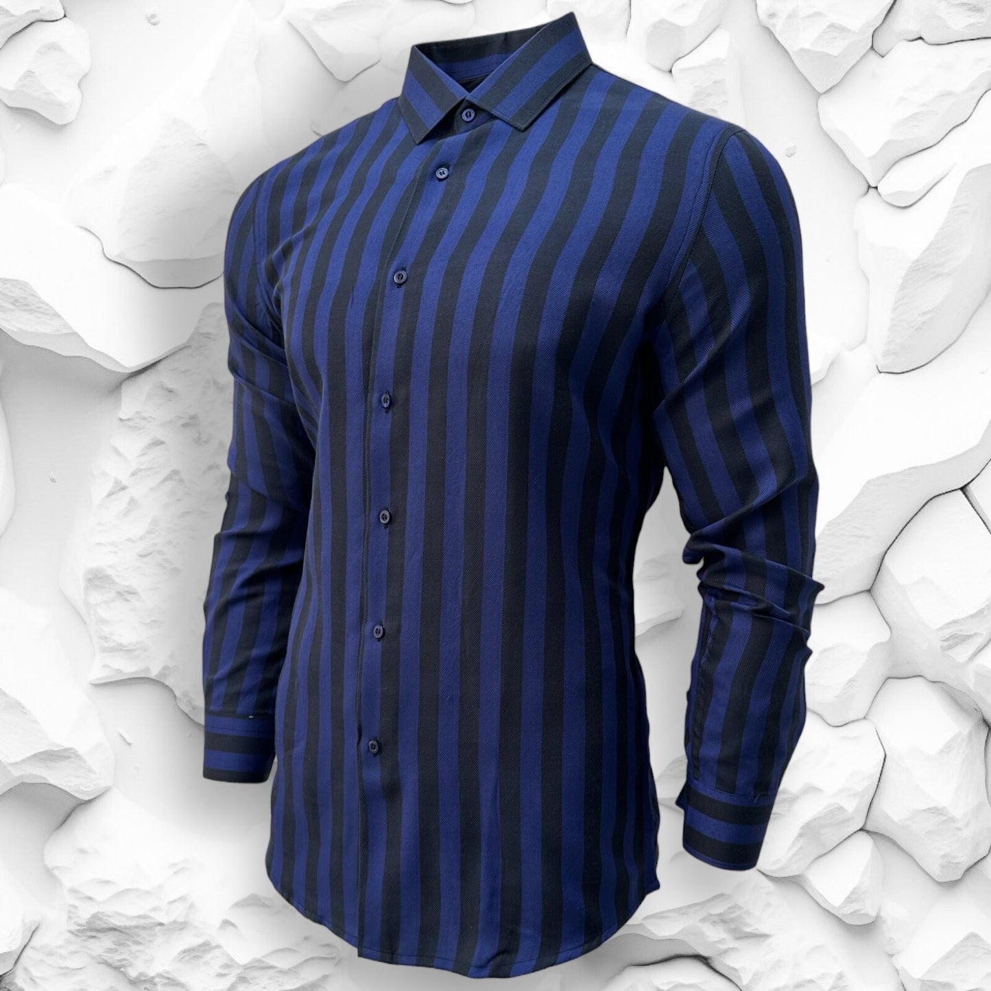 Blue Slim Fit Long Sleeve Shirt Striped Shirt Casual work office Wear Dark Blue