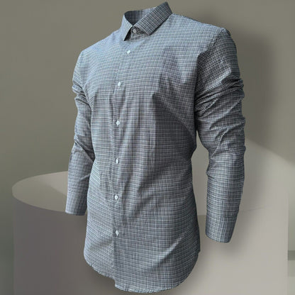 Mens Check Shirt Grey Classic Long Sleeve Work Casual Outdoor PolyCotton Shirt