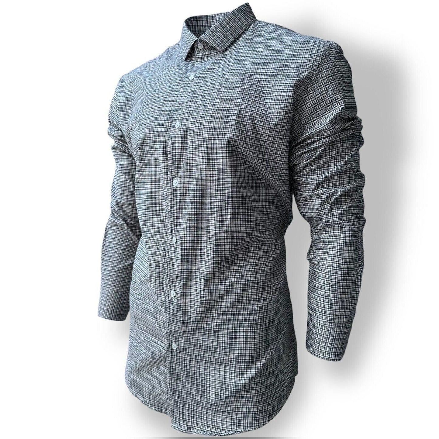 Mens Check Shirt Grey Classic Long Sleeve Work Casual Outdoor PolyCotton Shirt