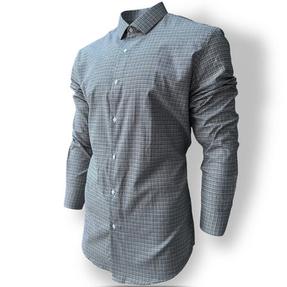Mens Check Shirt Grey Classic Long Sleeve Work Casual Outdoor PolyCotton Shirt