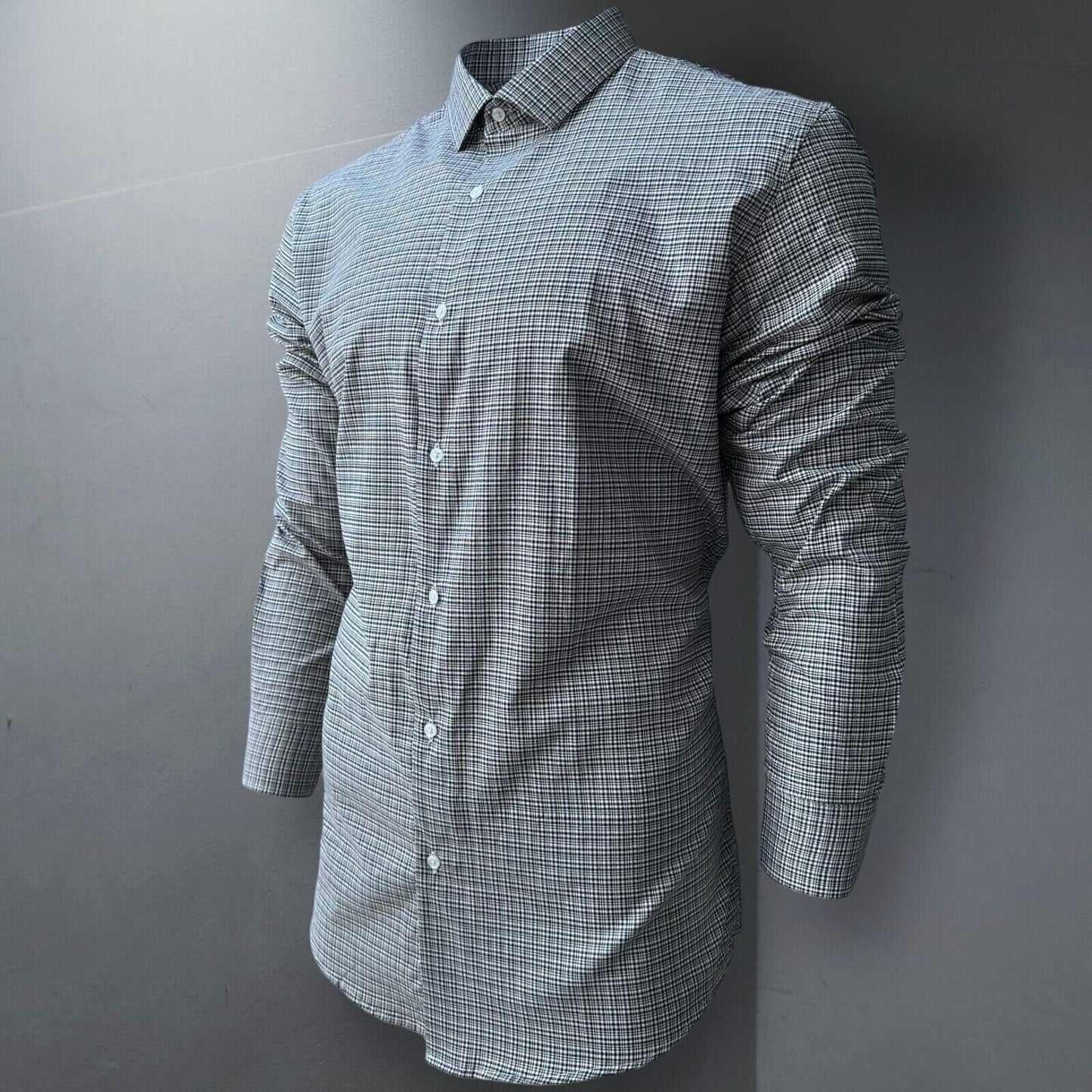 Mens Check Shirt Grey Classic Long Sleeve Work Casual Outdoor PolyCotton Shirt
