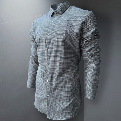 Mens Check Shirt Grey Classic Long Sleeve Work Casual Outdoor PolyCotton Shirt