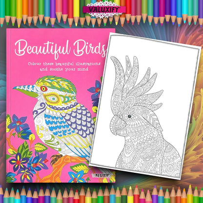 BIRDS ADULT COLOURING BOOK ANTI STRESS RELAXING BOOK THERAPY COLOUR THERAPY A4