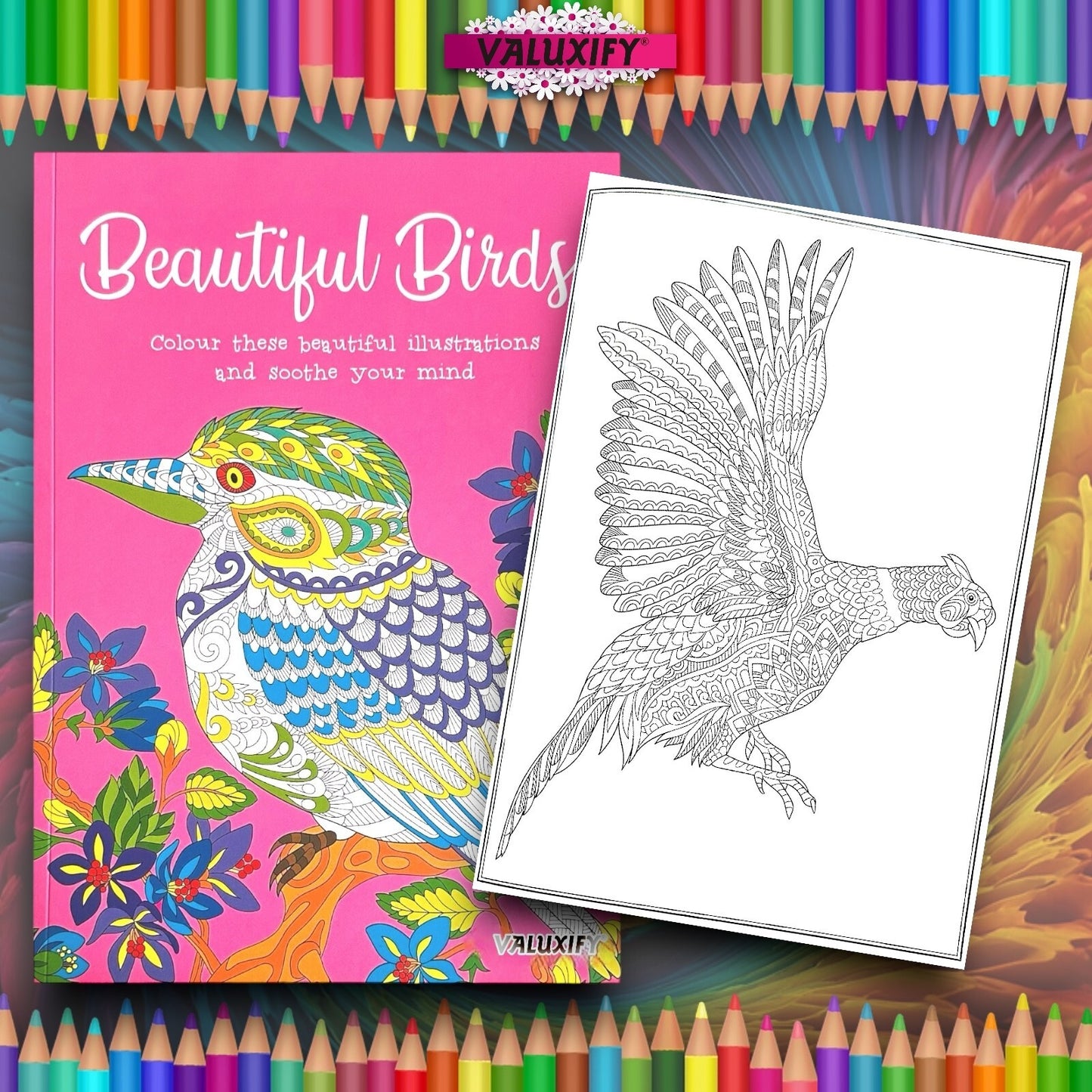 Adult Anti Stress Colouring Book Birds Colour Therapy Nature with 18 Pencils
