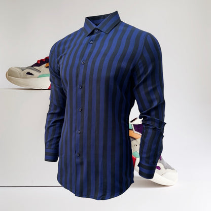 Blue Slim Fit Long Sleeve Shirt Striped Shirt Casual work office Wear Dark Blue