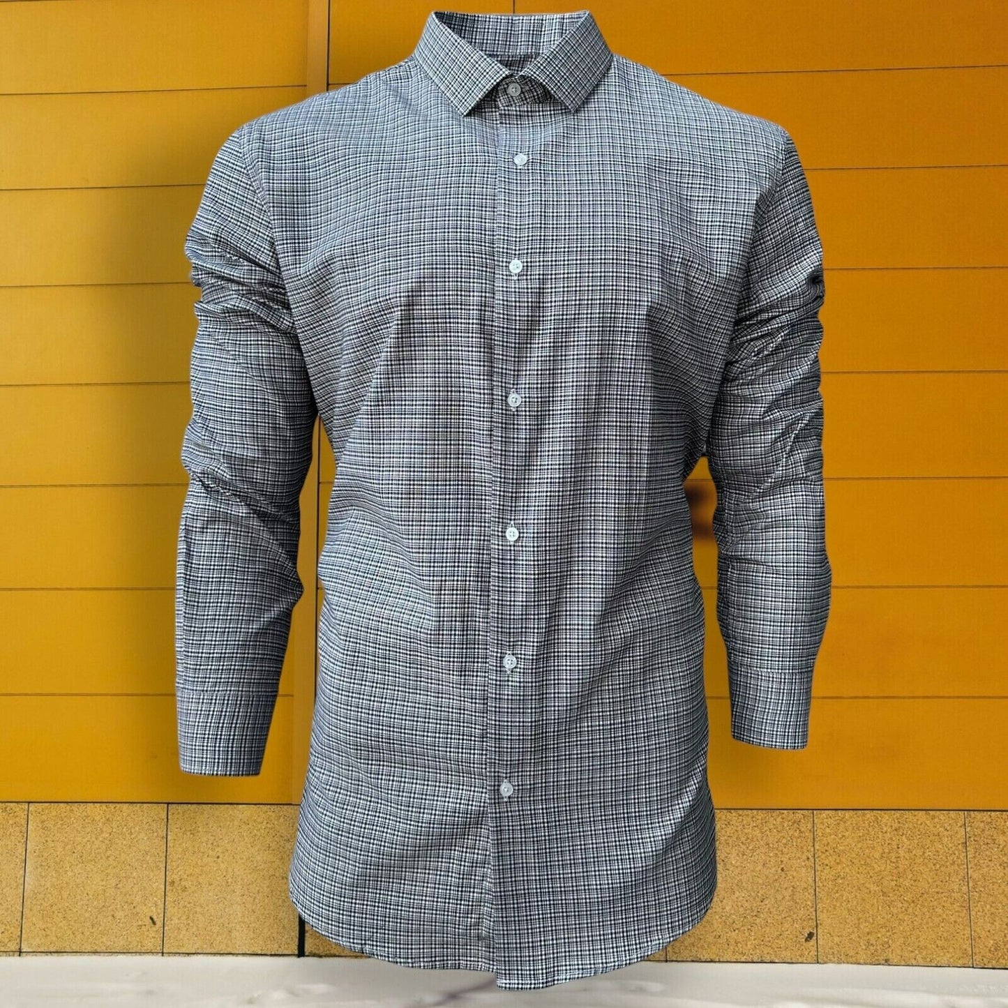 Mens Check Shirt Grey Classic Long Sleeve Work Casual Outdoor PolyCotton Shirt