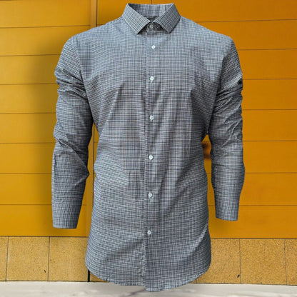 Mens Check Shirt Grey Classic Long Sleeve Work Casual Outdoor PolyCotton Shirt