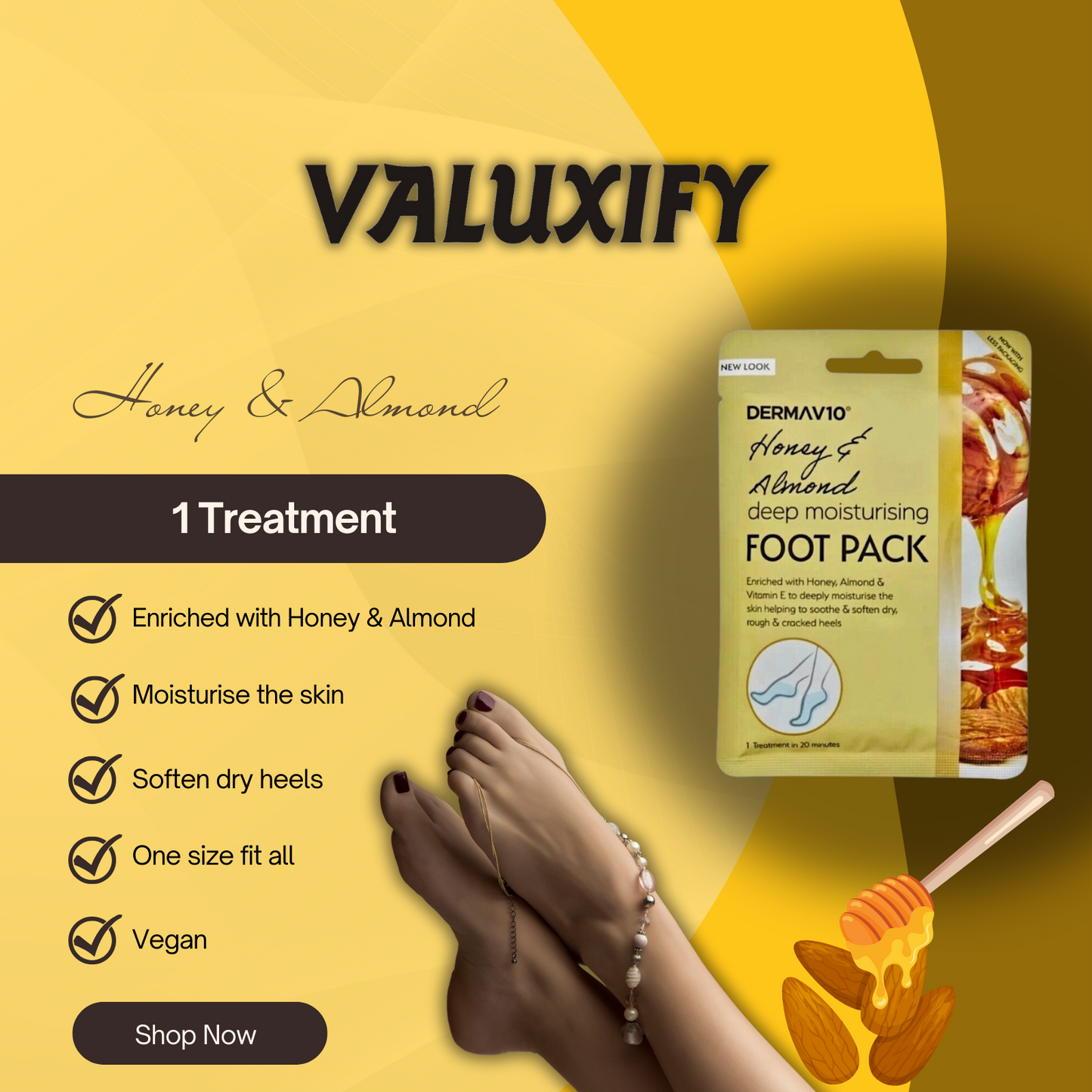 Honey & Almond Derma Foot Mask Socks Moisturising for Dry Rough Crocked Heels