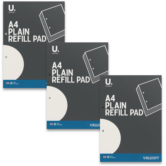 3x A4 Plain Refill Pads Paper | 100 Pages Each | 54gsm White Writing Paper