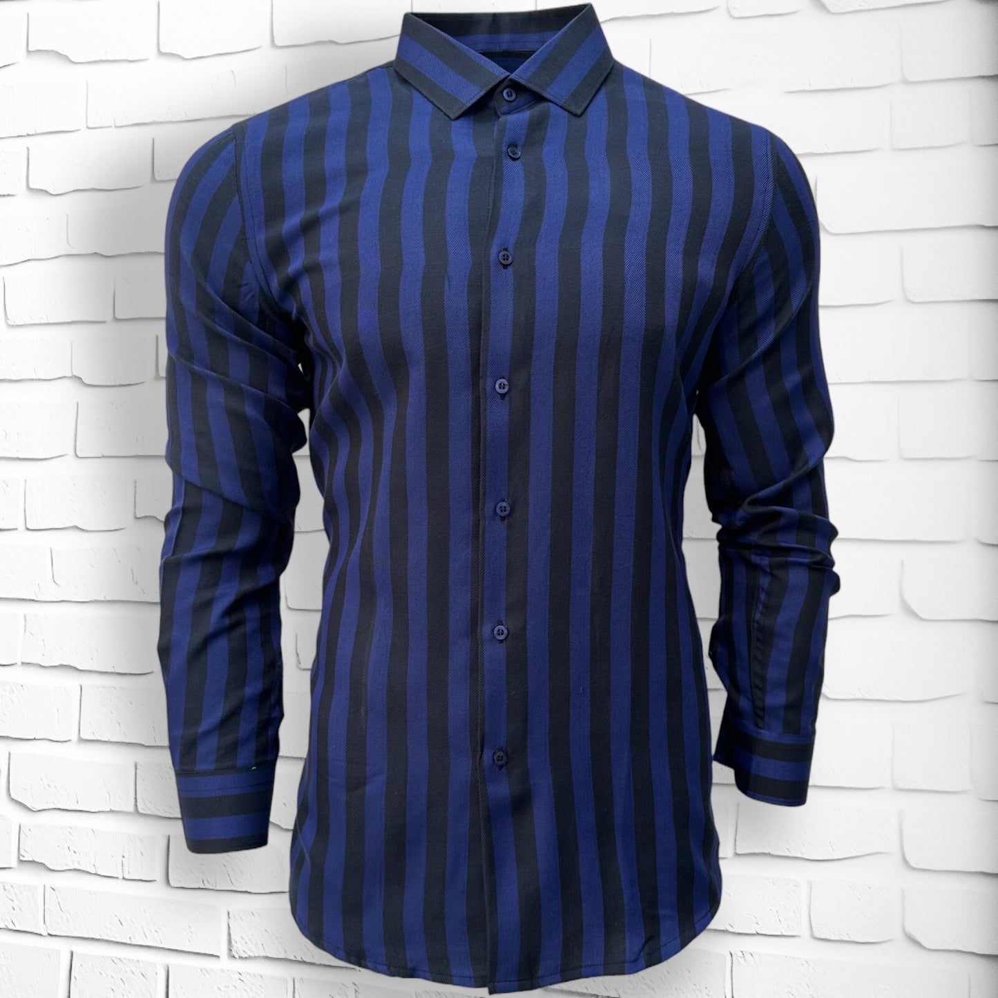 Blue Slim Fit Long Sleeve Shirt Striped Shirt Casual work office Wear Dark Blue