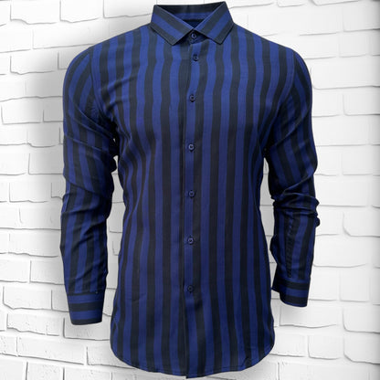 Blue Slim Fit Long Sleeve Shirt Striped Shirt Casual work office Wear Dark Blue