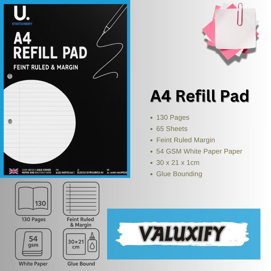 A4 lined Refill Pad 130 Pages Notepad Memo Writing Ruled Student Office School