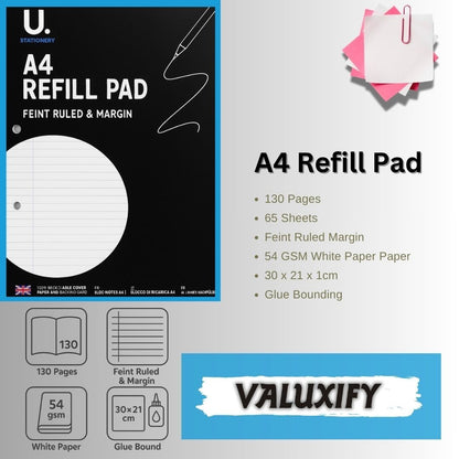 A4 lined Refill Pad 130 Pages Notepad Memo Writing Ruled Student Office School