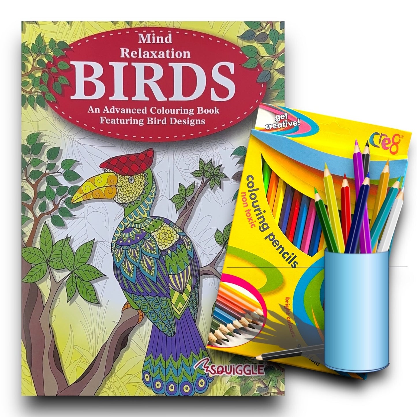 Birds BOOK Advanced COLOURING  MIND RELAXING Adult Colour Therapy  + 18 Pencils