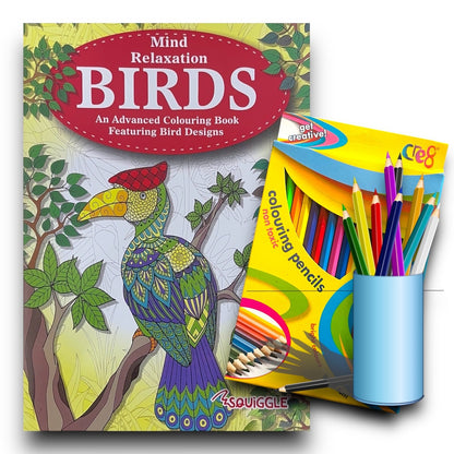 Birds BOOK Advanced COLOURING  MIND RELAXING Adult Colour Therapy  + 18 Pencils