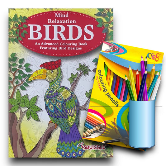 Birds BOOK Advanced COLOURING  MIND RELAXING Adult Colour Therapy  + 18 Pencils